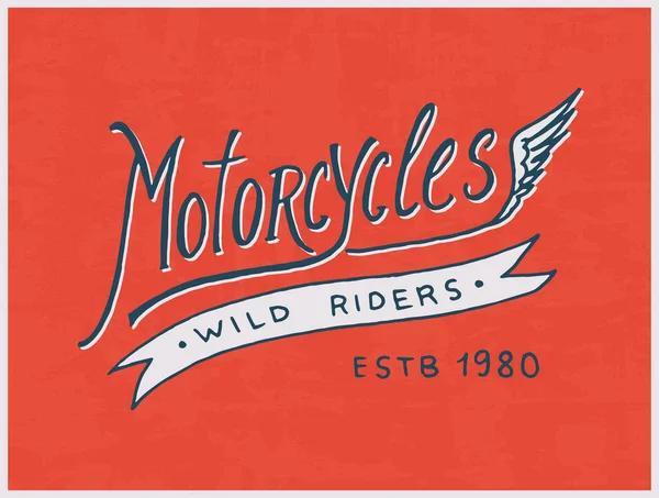 Modelo de clube de motociclista ou motociclista. emblema personalizado vintage, crachá de etiqueta para t-shirt. Estilo retro monocromático. Motocicleta desportiva clássica com gasolina de corrida. Desenho gravado à mão — Vetor de Stock