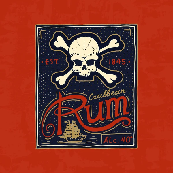 Vintage rum label badge. Sterke Alcohol logo met kalligrafische element. Kader voor poster banner. Embleem sticker Hand getrokken gegraveerde letters voor t-shirt. — Stockvector