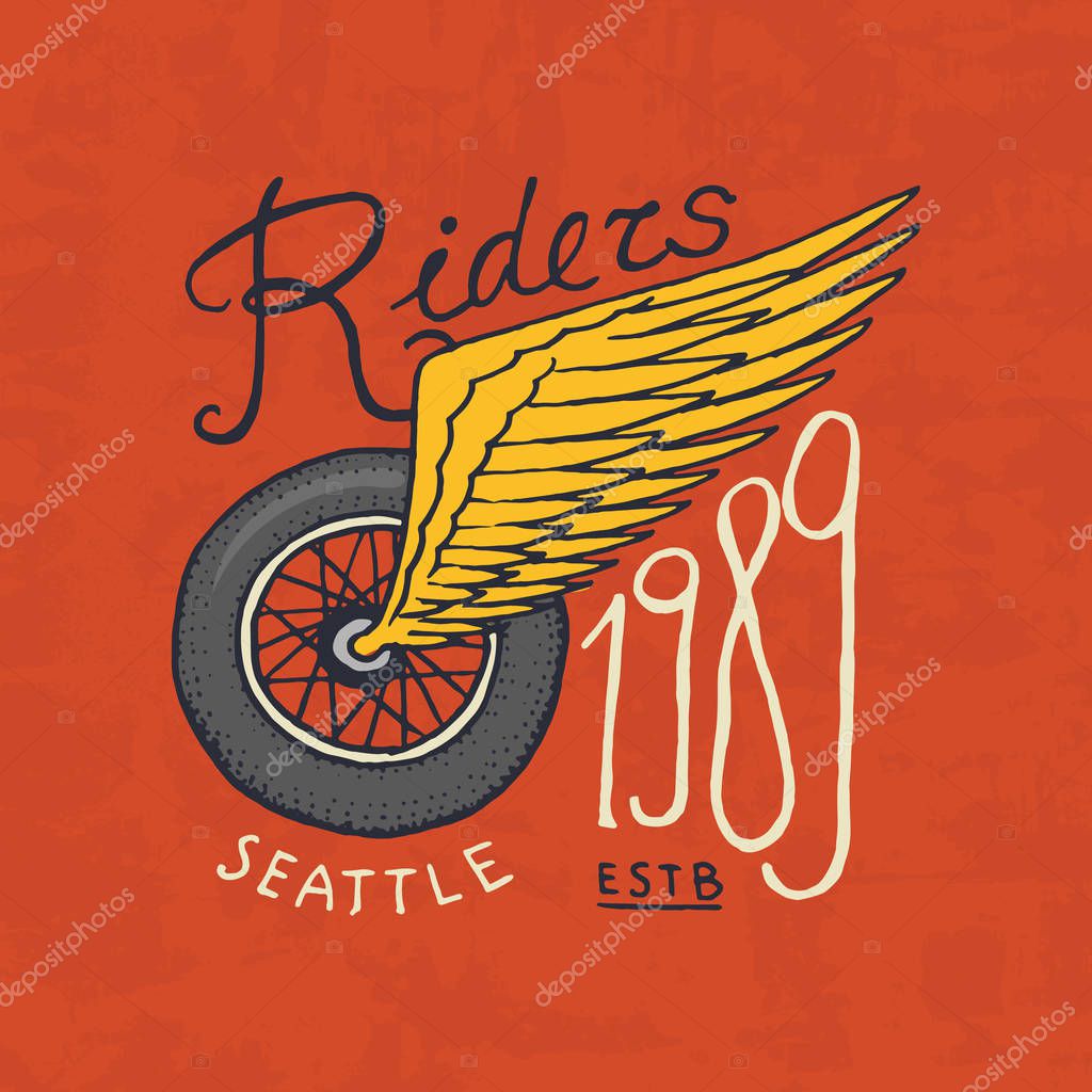 Motorcycles and biker club template. Vintage custom emblem, label badge for t shirt. Monochrome retro style. Classic sport motorbike with racing gasoline Hand drawn engraved sketch