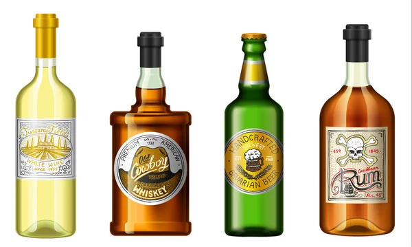 Realistické alkohol pije v láhvi s různými vintage popisky. Vína whiskey rum pivo. Vektorové ilustrace. — Stockový vektor