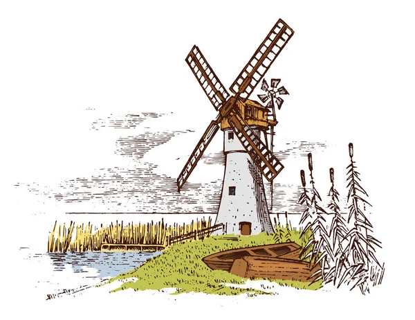 风车景观在复古、复古手工画或雕刻风格上, 可用于生态烘焙标志、麦田与旧建筑。农村有机农业生产。矢量插图. — 图库矢量图片