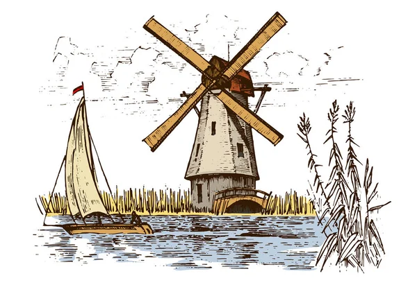 Landschap in vintage, retro hand getrokken of gegraveerd windmolen stijl, kan worden gebruikt voor ecologische bakkerij logo, tarweveld met oude gebouw. Landelijke biologische landbouwproductie. Vectorillustratie. — Stockvector