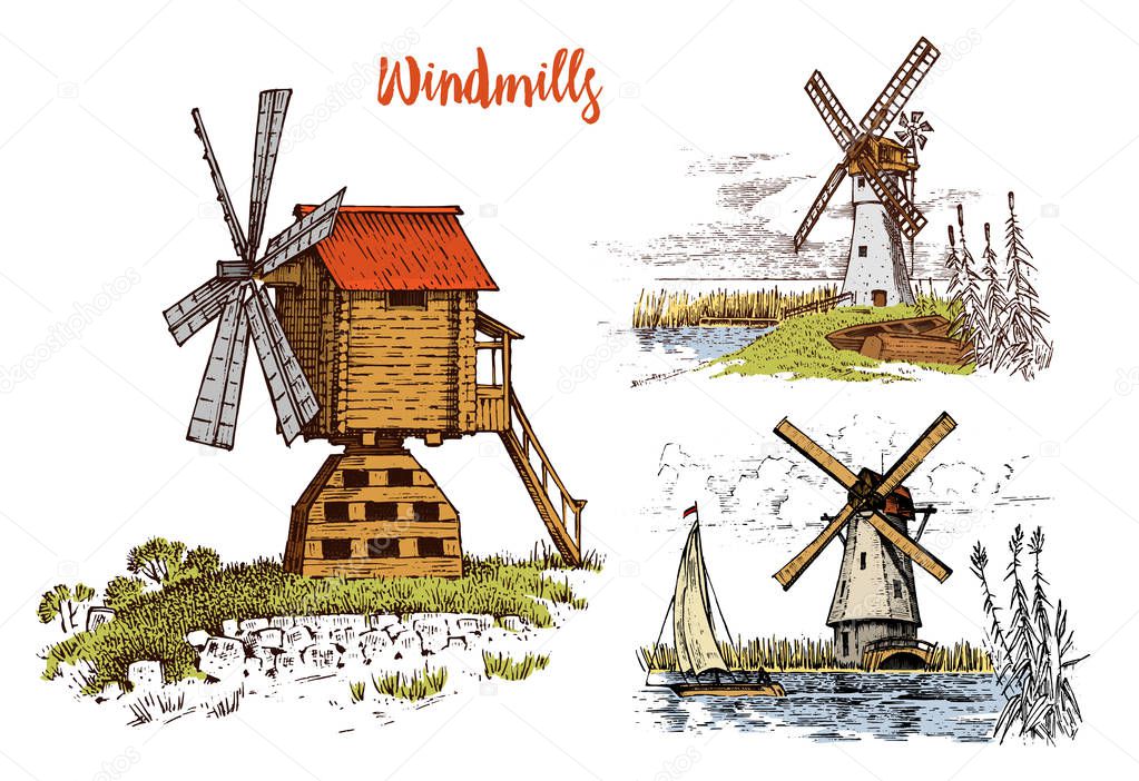 Windmill landscape in vintage, retro hand drawn or engraved style, can be use for ecological bakery logo, wheat field with old building. Rural organic agricultural production. Vector illustration