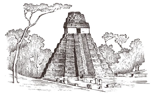 マヤ ヴィンテージ ピラミッド。アステカ族の文化。古代の白黒メキシコ。ラベルのロゴのバッジの背景の風景です。刻まれた手描きの古いスケッチ。ベクトル図. — ストックベクタ