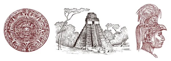 Maya Vintage pyramid, porträtt av en man, traditionell dräkt, kalender och dekoration på huvudet. Infödda Aztec kultur. Gamla svartvita Mexiko. Graverade handen ritade gamla skiss för etikett bakgrund — Stock vektor