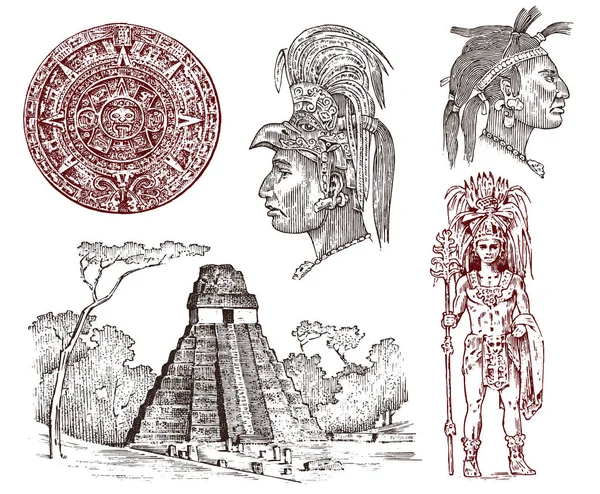 Pirámide Maya Vintage, retrato de un hombre, traje tradicional, calendario y decoración en la cabeza. Cultura nativa azteca. Antiguo México Monocromo. Dibujo viejo dibujado a mano grabado para el fondo de la etiqueta — Vector de stock