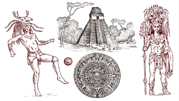 Pirâmide Maya Vintage, retrato de um homem, traje tradicional, calendário e decoração na cabeça. Cultura asteca nativa. Antigo México Monocromático. Gravado à mão desenhado esboço antigo para o fundo do rótulo —  Vetores de Stock