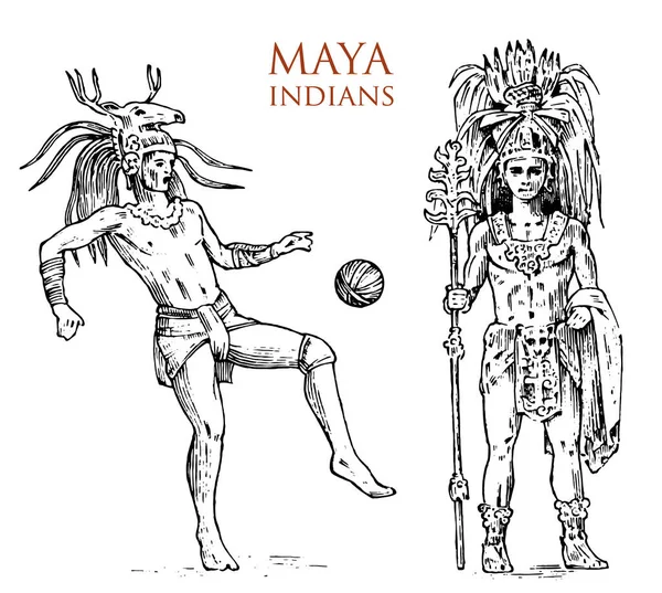 Maya Vintage stílusú. Azték kultúra. Portré, ember, hagyományos ruha és dekoráció a fejét. Bennszülött törzs, régi fekete-fehér Mexikó. vésett kézzel rajzolt régi vázlat. harcos címke. — Stock Vector