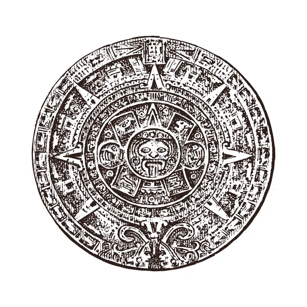 Calendario Maya Vintage. cultura tradicional azteca nativa. Antiguo México Monocromo. Indios americanos. Grabado a mano dibujado viejo boceto para la etiqueta . — Archivo Imágenes Vectoriales