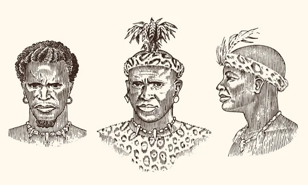 Plemion Afrykańskich Portrety Aborygenów Tradycyjne Stroje Australijski Wojowniczy Czarny Człowiek — Wektor stockowy