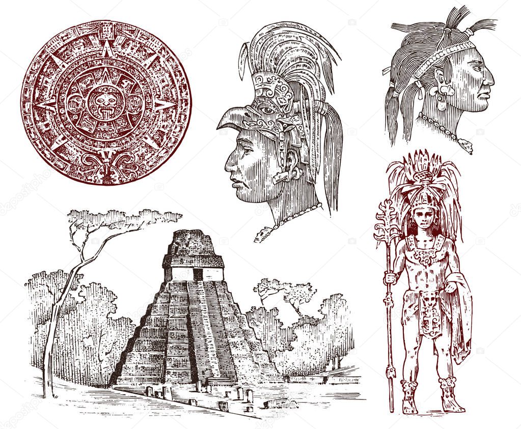 Maya Vintage pyramid, portrait of a man, traditional costume, calendar and decoration on the head. Native Aztec culture. Ancient Monochrome Mexico. Engraved hand drawn old sketch for label background