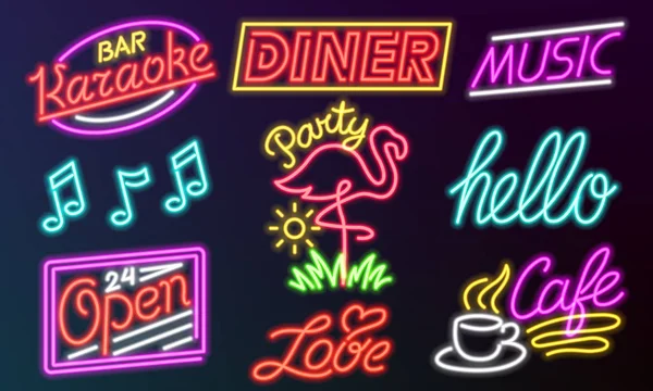 Set of fashion neon sign. Night bright signboard, Glowing light banner. Summer logo, emblem. Club or bar on dark background. Editable vector. Coffee Hello Love Open Karaoke Music Flamingo Party Dinner — Stock Vector