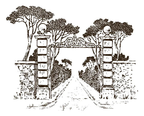 Vintage gates. Victorian doors or an ancient arch. Entrance to the garden or the park in the background of trees. Engraved hand drawn old sketch. Vector illustration — Stock Illustration Vintage gates. Victorian doors or an ancient arch. Entrance to the garden or the park in the background of trees. Engraved hand drawn old sketch. Vector illustration Vector Graphics