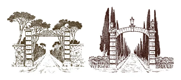 Vintage gates. Victorian doors or an ancient arch. Entrance to the garden or the park in the background of trees. Engraved hand drawn old sketch. Vector illustration — Stock Illustration Vintage gates. Victorian doors or an ancient arch. Entrance to the garden or the park in the background of trees. Engraved hand drawn old sketch. Vector illustration Royalty Free Stock Illustrations