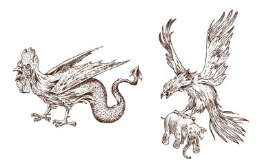 Efsanevi Basilisk ve antika Roc. Antik mitoloji. Kuşlar ve hayvanlar, yaratıklar eski vintage tarzı. horoz ve bir fil ile kartal. Oyma el çekilmiş eski kroki.