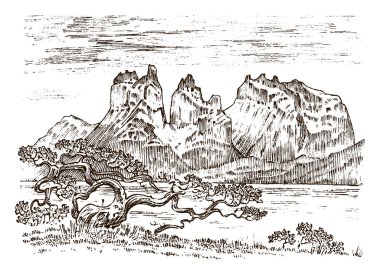 Dağlar tepeler, vintage Patagonia, elle çizilmiş arıyorum eski, kroki veya oyulmuş stil, farklı sürümleri için yürüyüş, tırmanma. Doğa ve manzara. vadi yeşil ağaçlar ile. vektör çizim.