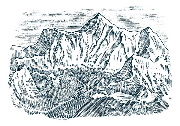 Hegyek csúcsai, vintage Elbrus, régi, kézzel rajzolt látszó, Vázlat vagy vésett stílusban, különböző változatait, a túrázás, hegymászás. táj, a természet. a zöld fák-völgyben. vektoros illusztráció. — Stock Vector