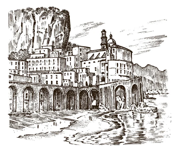 Arquitectura histórica con edificios, vista panorámica. Paisaje en la ciudad europea de Atrani en Italia. Mano grabada dibujada en antiguo boceto y estilo vintage monocromo. Tarjeta postal de viaje . — Vector de stock