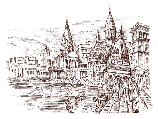 Zabytkową architekturę z budynków, widok perspektywiczny. Krajobraz w mieście Varanasi w Indiach. Rzeka Ganges grawerowane ręcznie rysowane w starym stylu vintage szkicu i monochromatyczny. Pocztówka z podróży. — Wektor stockowy