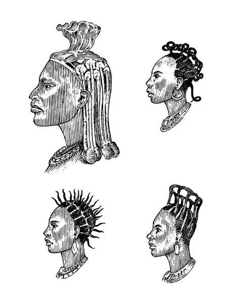 Peinados africanos nacionales masculinos. Perfil de un hombre con pelo rizado. Diferentes Afro Dreadlocks. Rostros antiguos de la gente. Retrato Grabado a mano dibujado viejo boceto. Tribus del sur . — Vector de stock