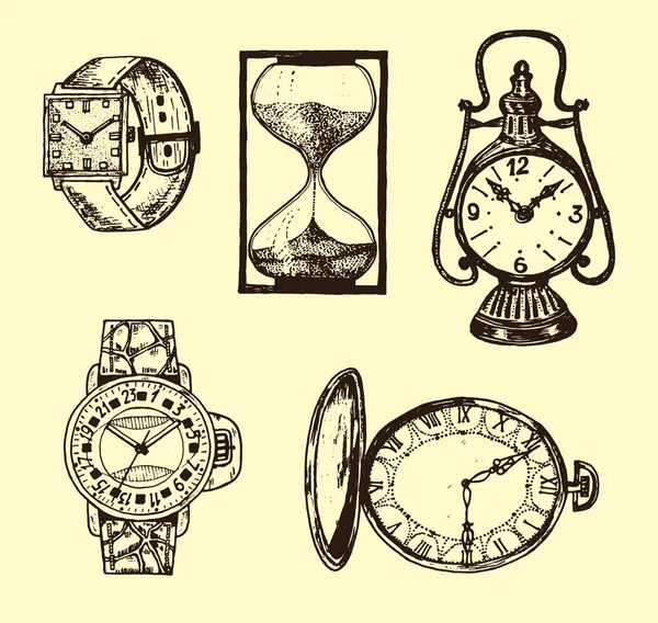Vintage classic pocket watch, alarm clock, hourglass and dial showing time. Ancient collection elements. Engraved hand drawn old monochrome sketch. Royalty Free Stock Vectors