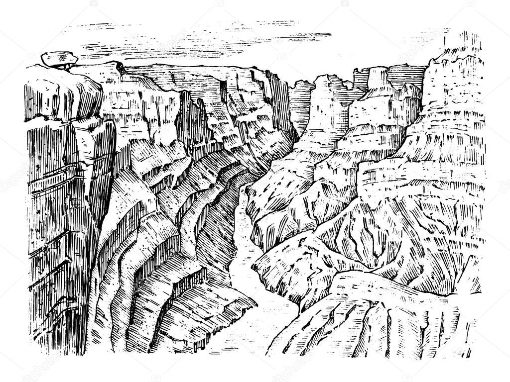 Grand Canyon in Arizona, United States. Graphic monochrome landscape. Engraved hand drawn old sketch. Mountain peaks with forest. Vector illustration for a poster or label.