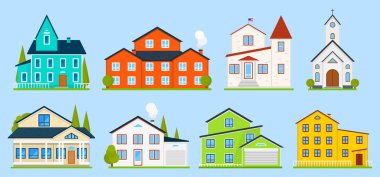 Küçük şirin ev veya daireler. Aile Amerikan townhouse. Mahalle rahat evleri ile. Geleneksel Modern cottage infographics veya uygulama arabirimi için. Bina vektör çizim. Düz stil
