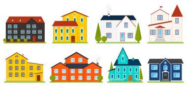 Küçük şirin ev veya daireler. Aile Amerikan townhouse. Mahalle rahat evleri ile. Geleneksel Modern cottage infographics veya uygulama arabirimi için. Bina vektör çizim. Düz stil