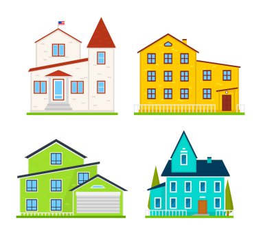 Küçük şirin ev veya daireler. Aile Amerikan townhouse. Mahalle rahat evleri ile. Geleneksel Modern cottage infographics veya uygulama arabirimi için. Bina vektör çizim. Düz stil