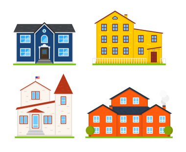Küçük şirin ev veya daireler. Aile Amerikan townhouse. Mahalle rahat evleri ile. Geleneksel Modern cottage infographics veya uygulama arabirimi için. Bina vektör çizim. Düz stil
