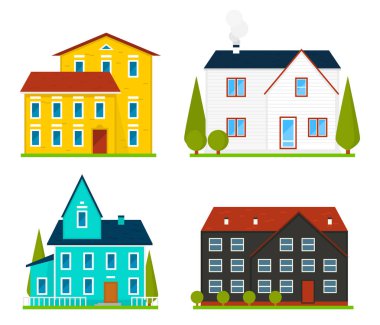 Küçük şirin ev veya daireler. Aile Amerikan townhouse. Mahalle rahat evleri ile. Geleneksel Modern cottage infographics veya uygulama arabirimi için. Bina vektör çizim. Düz stil