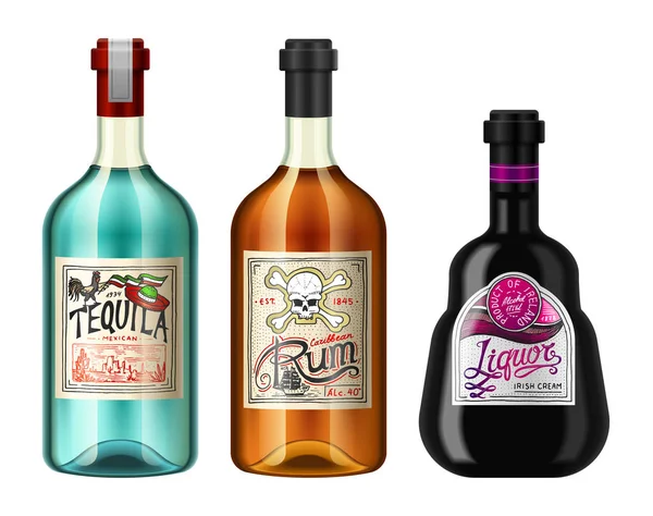 Alcohol drinkt in een fles met verschillende vintage labels. Realistische likeur Tequila Rum. Vectorillustratie voor het menu. logo gegraveerd hand getrokken. — Stockvector