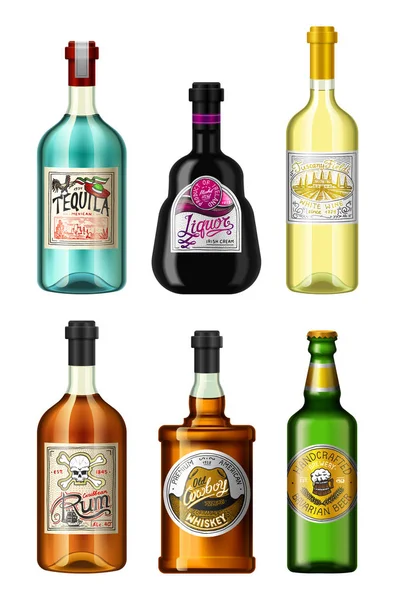 Alcohol drinkt in een fles met verschillende vintage labels. Realistische afwezig likeur Tequila wijn whisky bier Rum. Vectorillustratie voor het menu. logo gegraveerd hand getrokken. — Stockvector