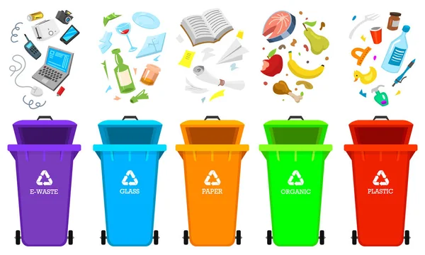 Recycling vuilnis elementen. Tas of containers of blikjes voor verschillende trashes. Sorteren en Utilize voedselresten. Ecologie-symbool. Segregatie scheiding en industrie beheer concept. verwijdering weigeren bin — Stockvector