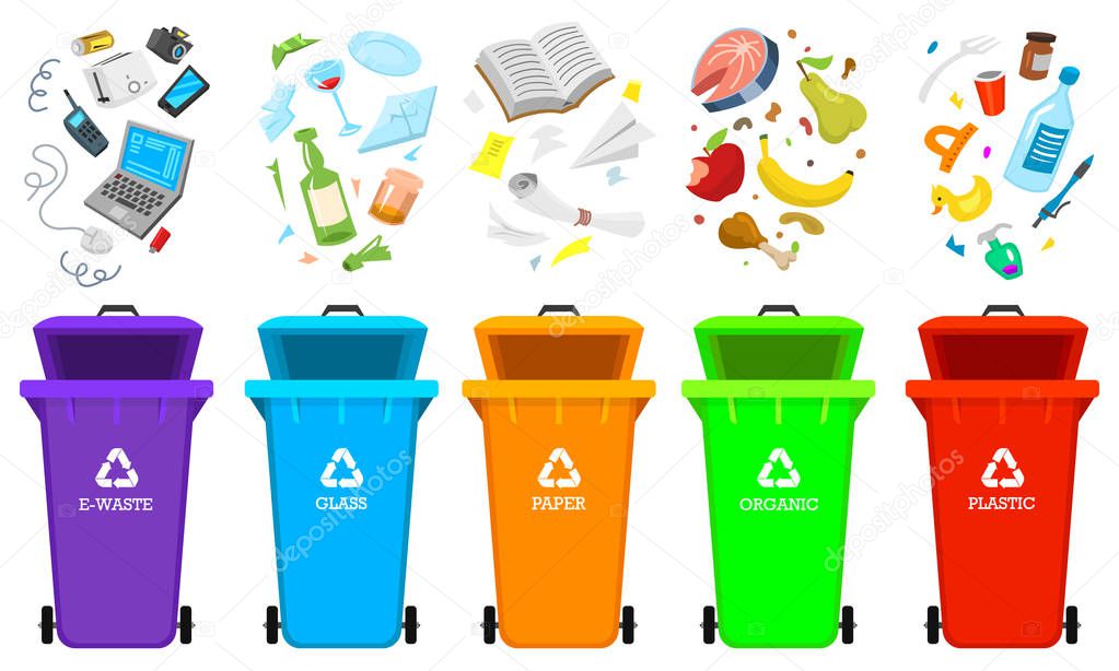 Recycling garbage elements. Bag or containers or cans for different trashes. Sorting and Utilize food waste. Ecology symbol. Segregation Separation and Industry management concept. disposal refuse bin