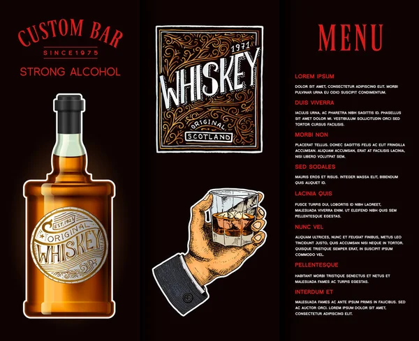 Alkoholkonsum in einer Flasche. Banner oder Broschüre mit Vintage-Etiketten. Realistischer Whisky. Vektorillustrationsvorlage für das Pub-Menü. Logo von Hand eingraviert. — Stockvektor