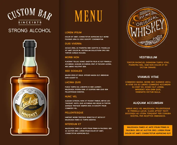 Alkoholkonsum in einer Flasche. Banner oder Broschüre mit Vintage-Etiketten. Realistischer Whisky. Vektorillustrationsvorlage für das Pub-Menü. Logo von Hand eingraviert. — Stockvektor
