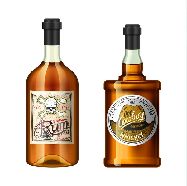 Bebidas alcoólicas em uma garrafa com diferentes rótulos vintage. Whiskey Rum realista. Ilustração vetorial para o menu. logotipo gravado mão desenhada . — Vetor de Stock