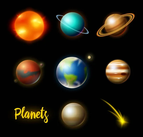 Planeter i solsystemet. Astronomiska galaxy. kosmonaut utforska äventyr. Utrymme Mars och solen, jorden och venus. banner för en webbplats eller. — Stock vektor