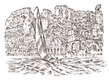 Binalar, perspektif görünüm tarihi mimarisiyle. Avrupa City Atrani İtalya deniz manzarası. Oyulmuş elle çizilmiş eski kroki ve tek renkli vintage tarzı içinde. Seyahat kartpostal.