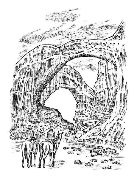 Винтажная пещера волна в горах. Большой Каньон в Аризоне, США. Графический монохромный пейзаж. Ручной рисунок. Векторная иллюстрация для плаката или этикетки . — стоковый вектор