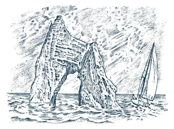 海中の岩。ビンテージの風景です。海の石造り山の帆船。ゴールデン ゲート。クリミア半島に Koktebel。刻まれた手描きの古いスケッチ。ポスターやラベルのベクトル図. — ストックベクタ