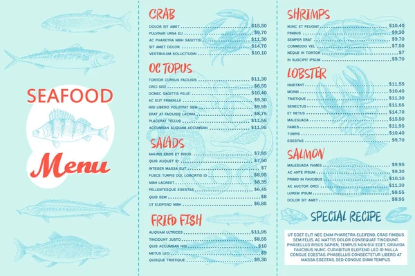 Deniz ürünleri yemek listesi ve restoran için bir afiş. Vintage el ilanı. Balık ıstakoz deniz kabuklarını ahtapot karides yengeç. Oyulmuş elle çizilmiş eski kroki ve tek renkli vintage tarzı. — Stok Vektör