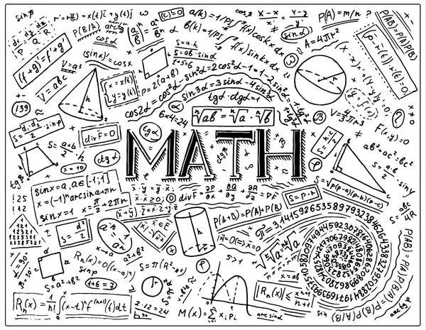 Scientific formulas and calculations in physics and mathematics on whiteboard. The lesson of algebra and geometry in school. Education and Science. engraved hand drawn in old sketch and vintage style. — Stock Vector