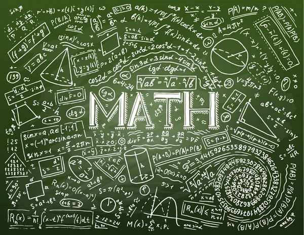 Fórmulas y cálculos científicos en física y matemáticas en pizarra blanca. La lección de álgebra y geometría en la escuela. Educación y Ciencia. mano grabada dibujada en antiguo boceto y estilo vintage . — Vector de stock