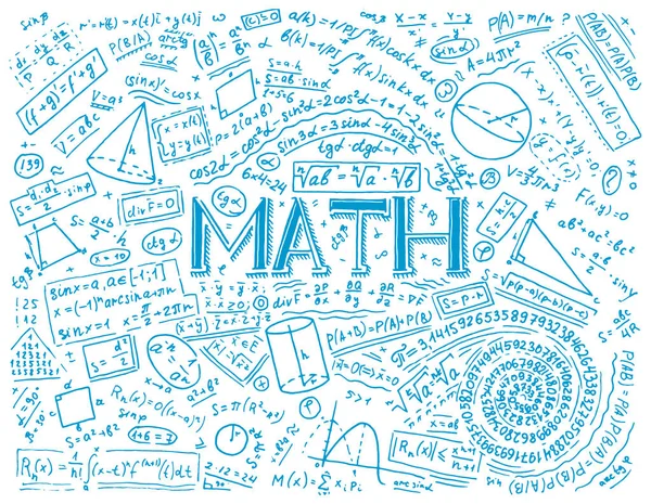 Wetenschappelijke formules en berekeningen in natuurkunde en wiskunde op whiteboard. De les van de algebra en de meetkunde in school. Onderwijs en wetenschap. gegraveerde hand getrokken in oude schets en vintage stijl. — Stockvector