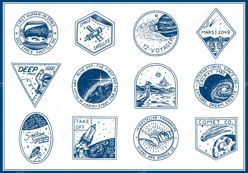 Vintage Space logo. Exploration of the astronomical galaxy. mission astronaut or spaceman. cosmonaut adventure. Planets and satellites badge emblem patch sticker. engraved hand drawn sketch