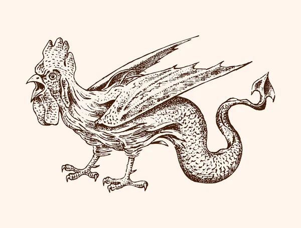 Basilic mythique. Ancienne mythologie. Oiseau et animal, bite de créature dans le vieux style vintage. Croquis gravé à la main . — Image vectorielle