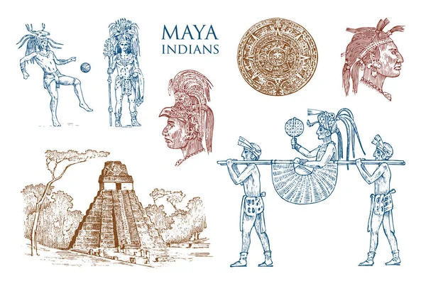 マヤ ヴィンテージ ピラミッド、男、伝統的な衣装、カレンダー、頭の上の装飾の肖像画。ネイティブのアステカ族の文化。古代の白黒メキシコ。ラベルの背景に刻まれた手描きの古いスケッチ — ストックベクタ