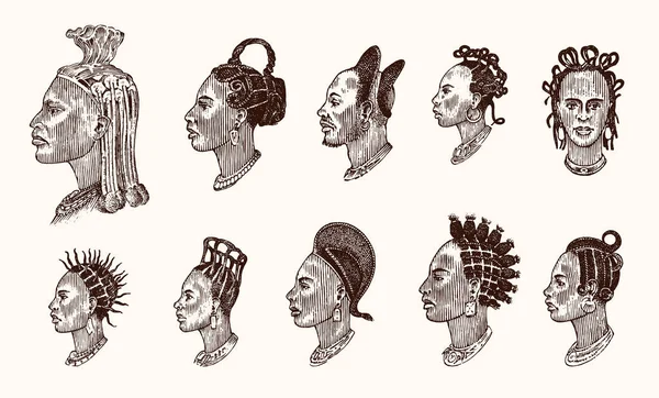 Afrikanska nationella manliga frisyrer. Profil av en man med lockigt hår. Olika Afro Dreadlocks. Gamla ansikten av människor. Porträtt Engraved handen ritade gamla skiss. Södra stammar. — Stock vektor